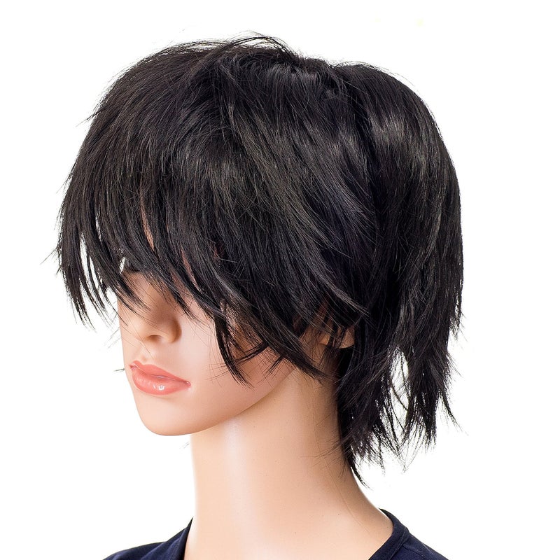 SWACC Unisex Fashion Spiky Layered Short Anime Cosplay Wig for Men and Women (1B-Off Black) - Image 3